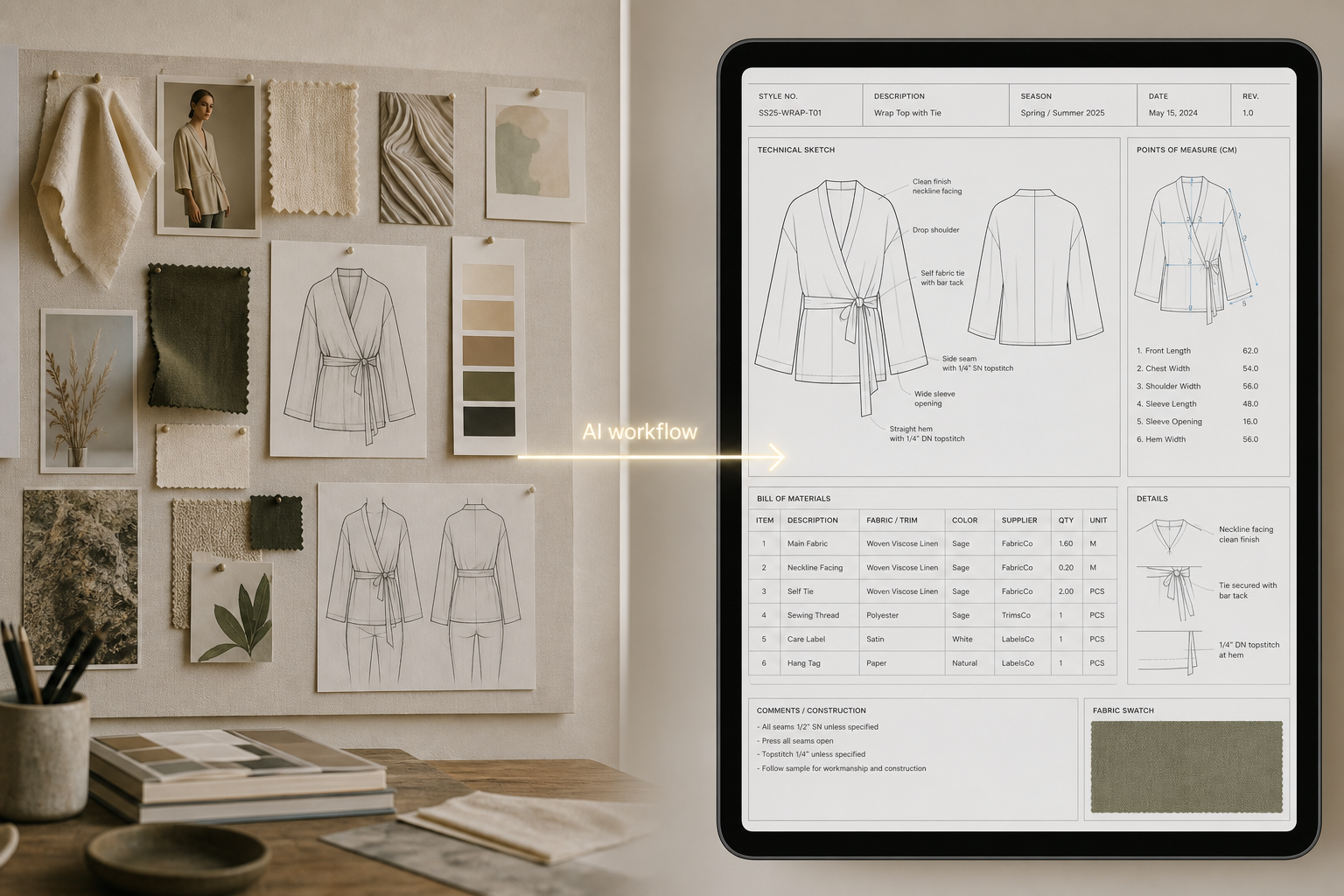 A fashion moodboard with fabric swatches, color chips and sketches on the left, connected by an AI workflow arrow to a structured tech pack on a tablet showing technical sketch, points of measure and bill of materials on the right