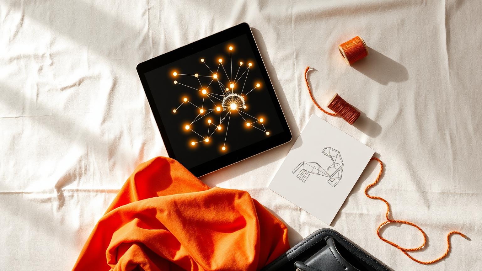 Overhead flatlay of a tablet displaying a connected-node network beside fabric, an orange thread spool, and a garment sketch