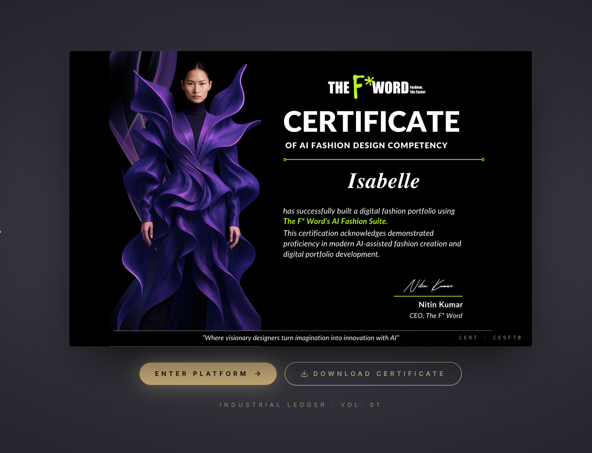 The F* Word Certificate of AI Fashion Design Competency with verifiable cert ID