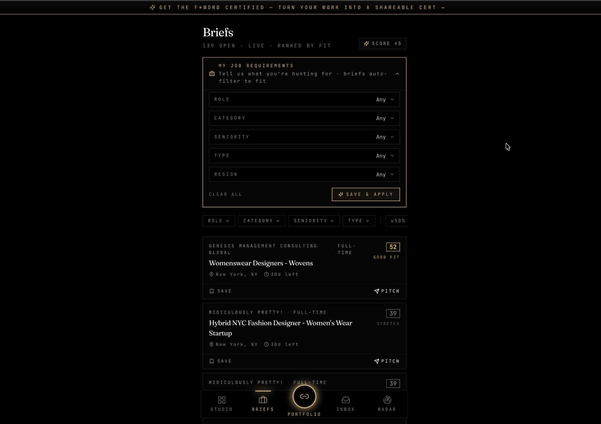 Live job briefs feed showing open roles ranked by fit score for the designer's portfolio