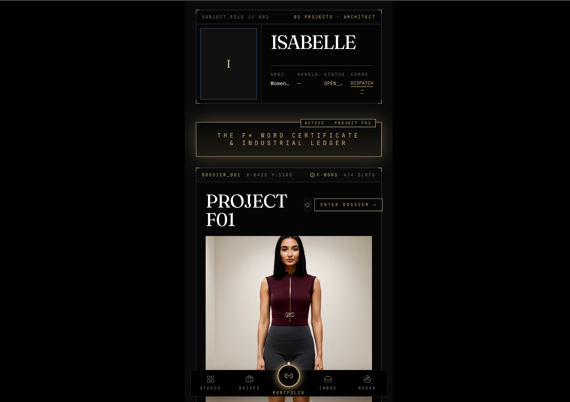 Public AI fashion portfolio with subject file, active project dossier, and certificate badge