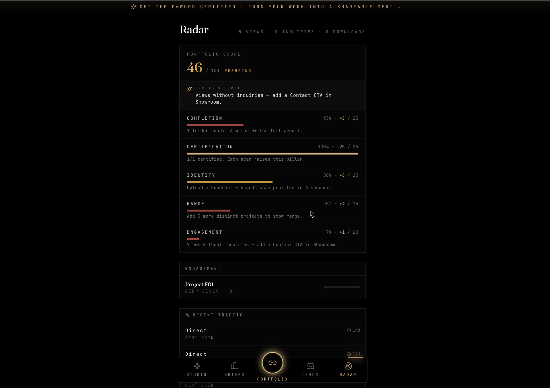 Portfolio Radar dashboard scoring completion, certification, identity, range, and engagement out of 100