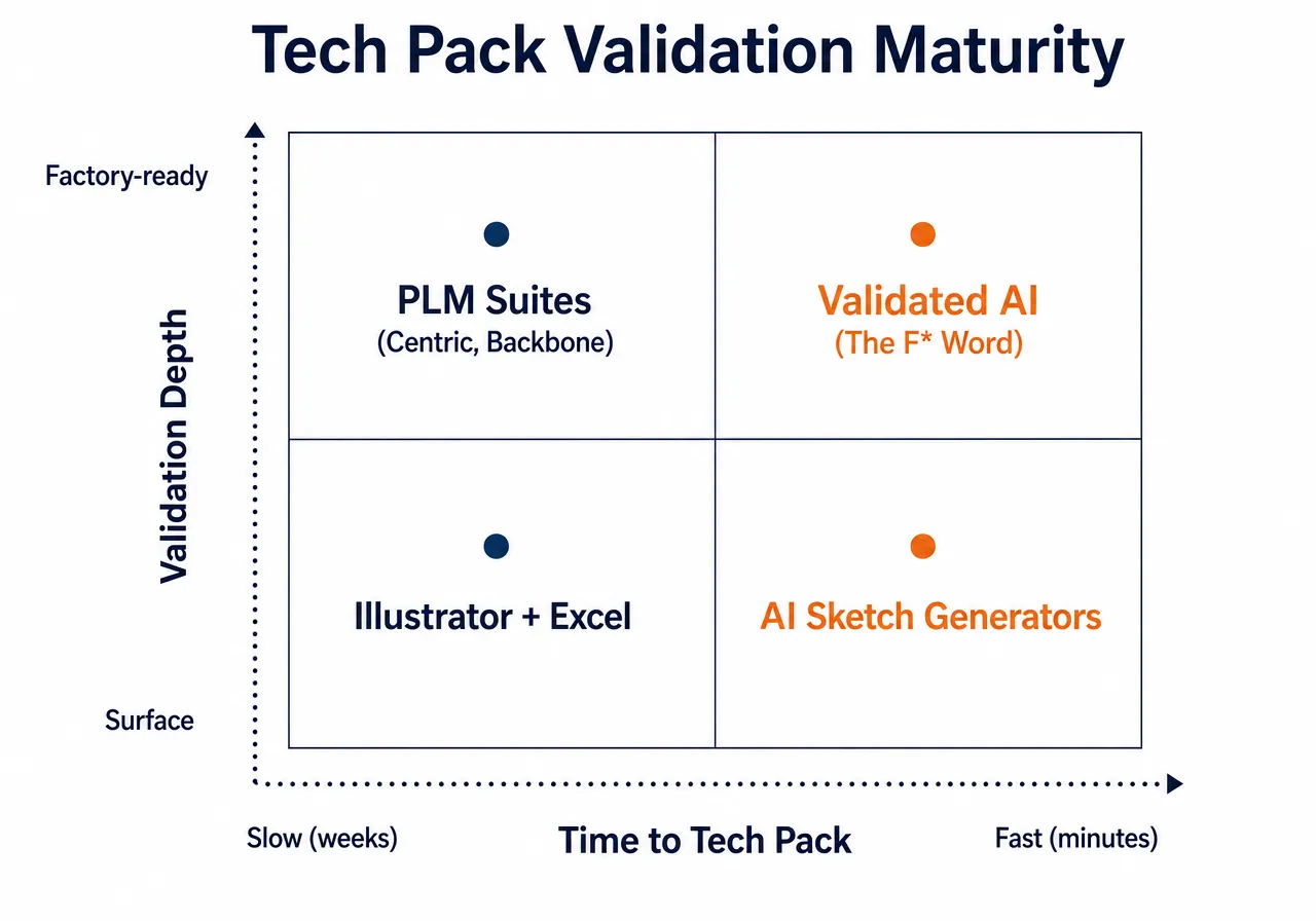2x2 matrix plotting tech pack validation depth against time to pack across PLM suites, Illustrator plus Excel, AI sketch generators, and The F* Word