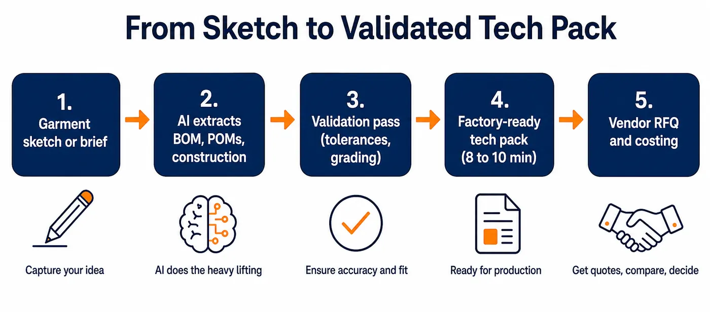 Five-step flow from garment sketch or brief to a vendor-ready tech pack in 8 to 10 minutes, including AI extraction of BOM and POMs, a validation pass, and a vendor RFQ