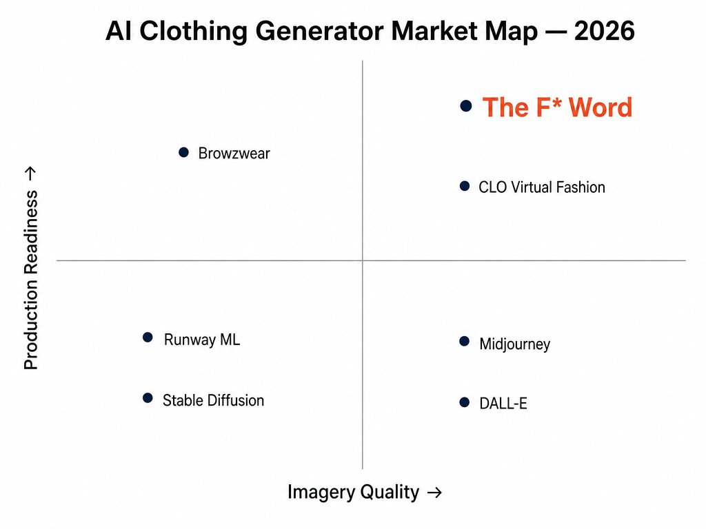 AI clothing generator 2x2 market map with The F* Word plotted top-right: high imagery quality and production readiness