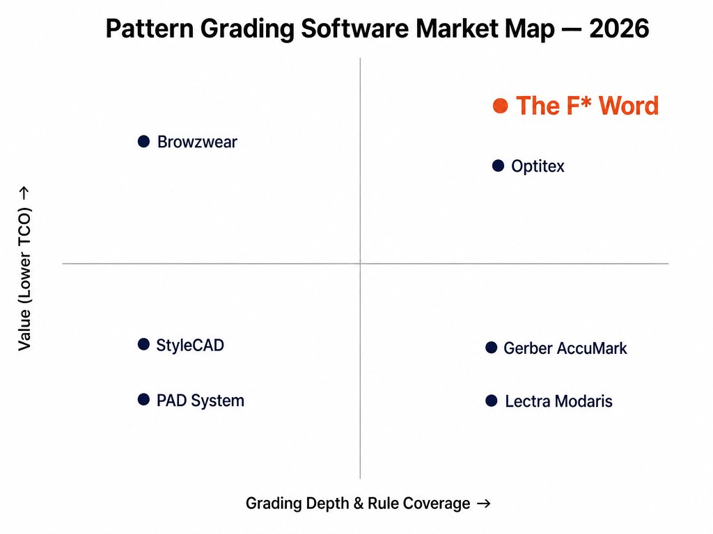 Pattern grading software 2x2 market map with The F* Word plotted top-right: deep grading rule coverage at low total cost of ownership