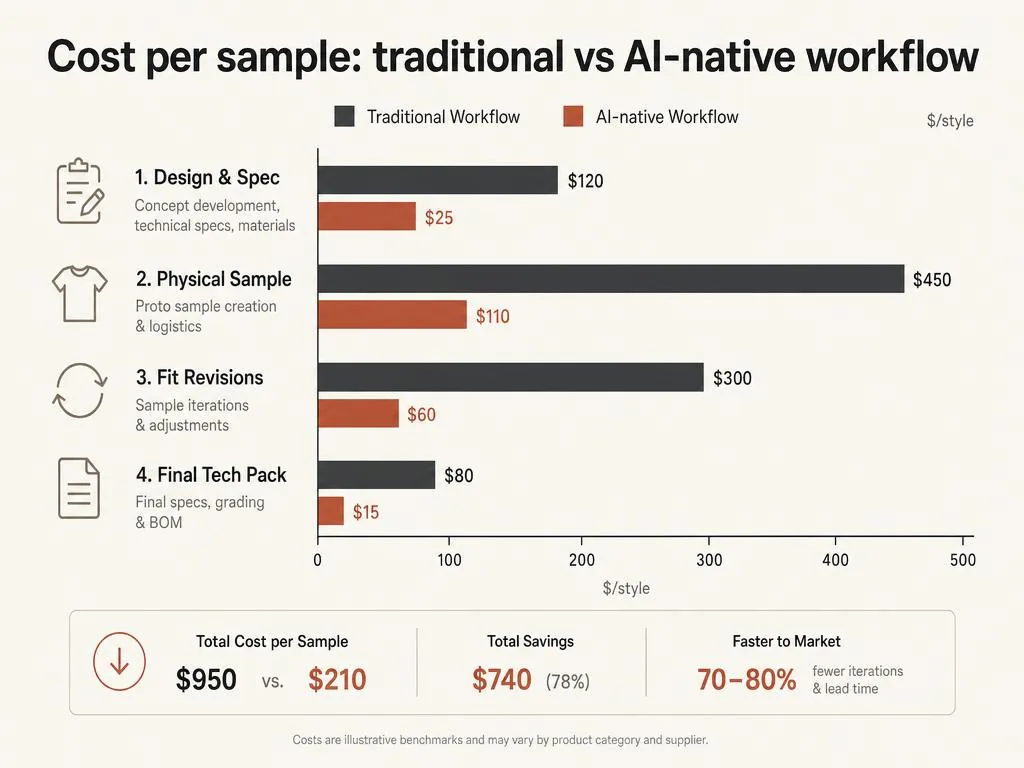 Bar chart comparing cost per sample across four stages (design and spec, physical sample, fit revisions, final tech pack) with the AI-native workflow reducing total cost from about $950 to $210 per style