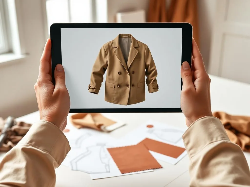 Designer reviewing a 3D garment turntable on a tablet next to printed pattern pieces and fabric swatches on a workshop table