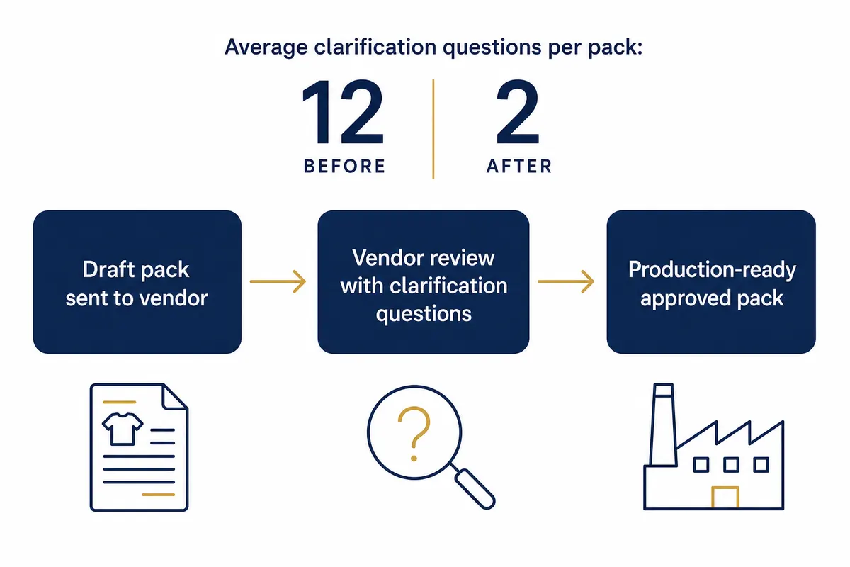 Process diagram showing draft pack sent to vendor, then vendor review with clarification questions, then production-ready approved pack, with a counter at the top reading average clarification questions per pack 12 before and 2 after