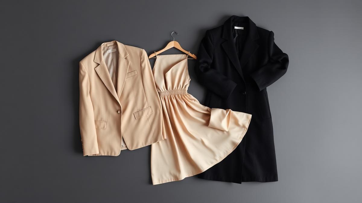 Figure: Editorial flat-lay of three neutral-toned womenswear looks (beige blazer, champagne slip dress, black overcoat) styled as a brand lookbook.