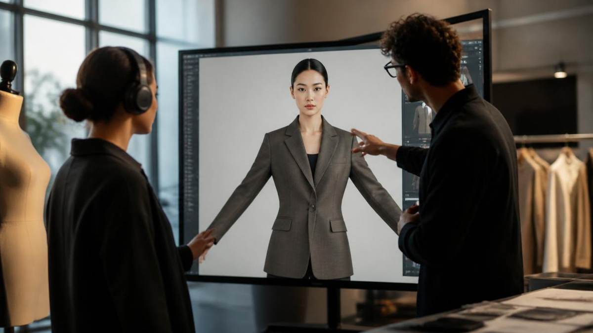 A brand product team reviews a photorealistic virtual try-on of a tailored jacket on a large studio screen