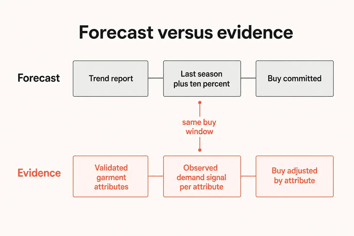 Forecast-led buying compared with evidence-led buying across the same buy window