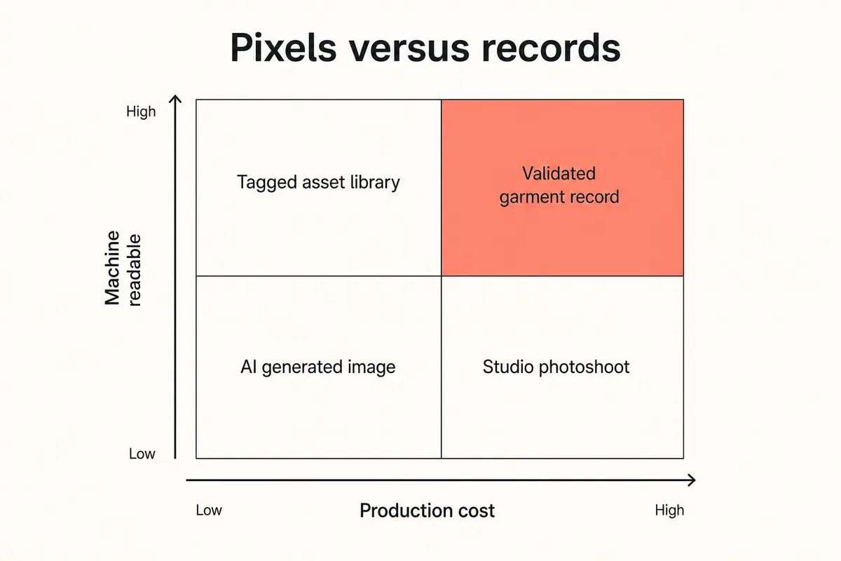 2x2 matrix comparing AI imagery, photoshoots and validated garment records