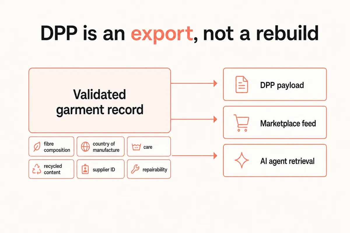 One validated garment record exporting to a Digital Product Passport, feeds and AI retrieval