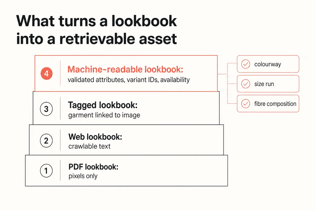 Four-layer stack from a PDF lookbook up to a machine-readable validated lookbook