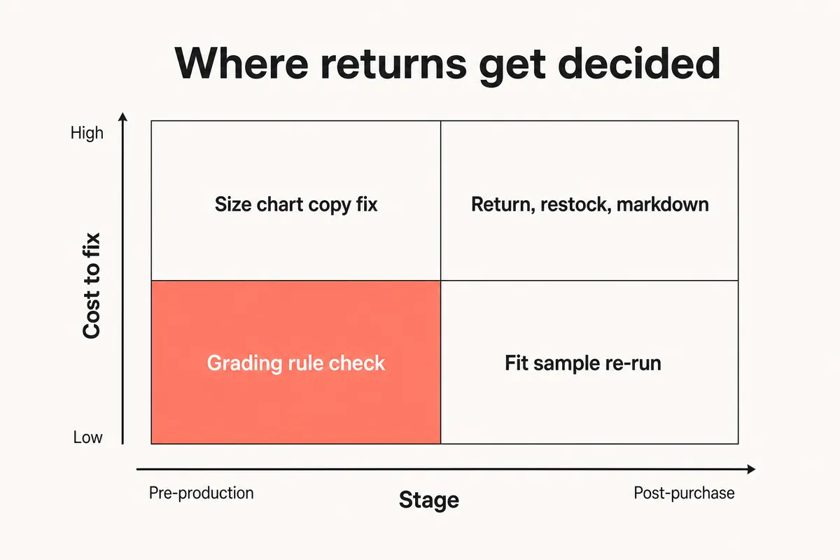 2x2 matrix of apparel return causes by cost to fix and the stage where they are caught
