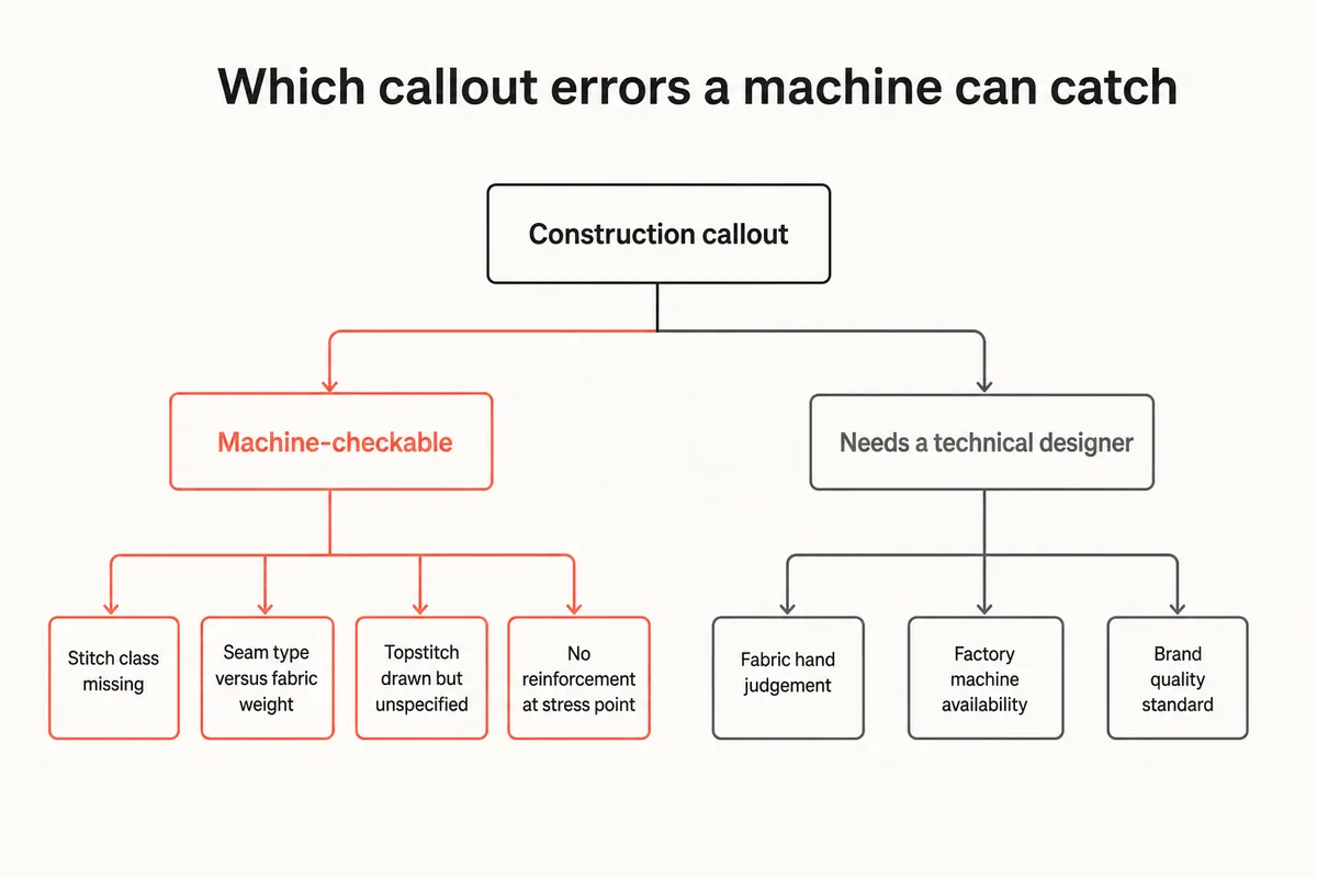 Decision tree separating machine-checkable construction callout errors from human judgement calls
