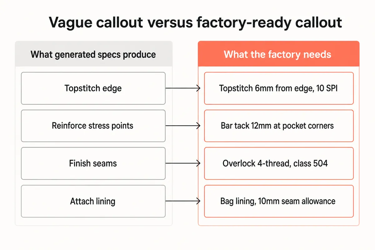 Side by side comparison of vague construction callouts and factory-ready callout wording