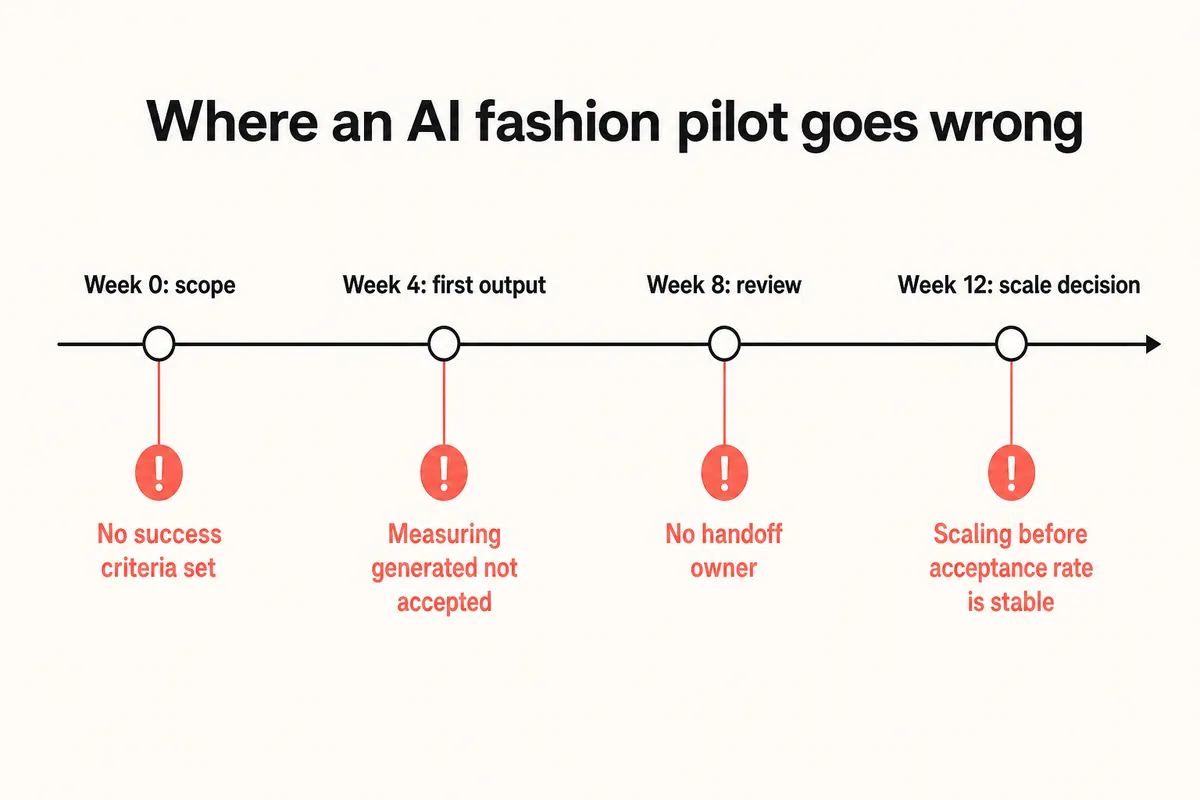 Timeline showing at which pilot week each AI fashion pilot failure mode becomes visible