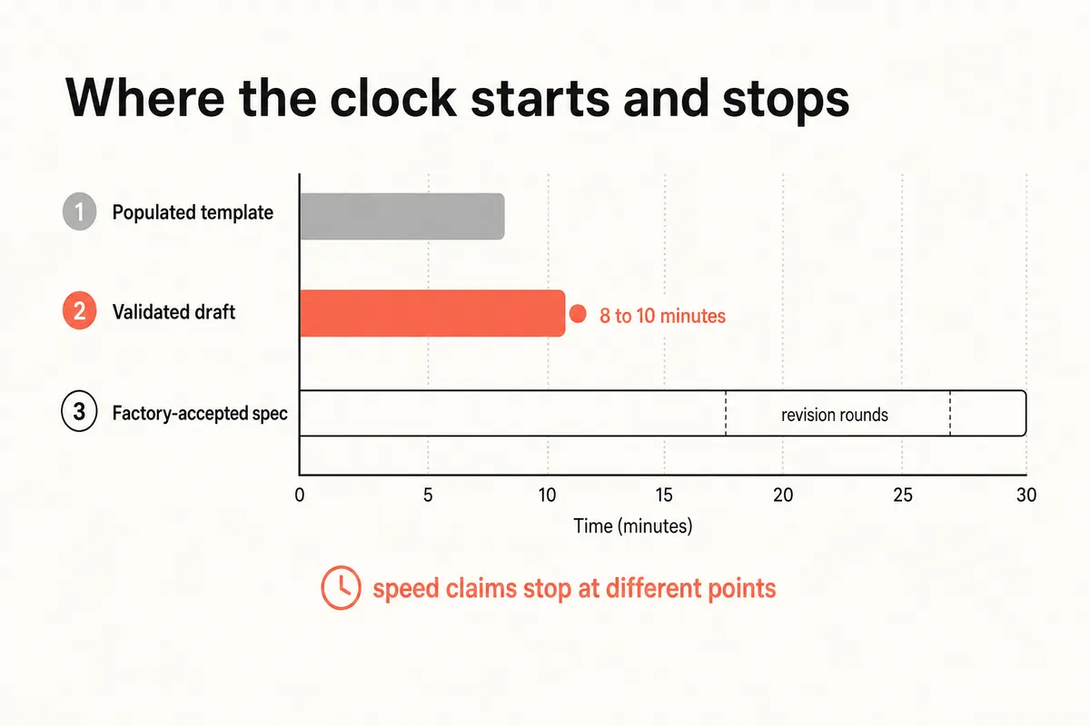 Three timeline tracks showing template, validated draft and factory-accepted stop points