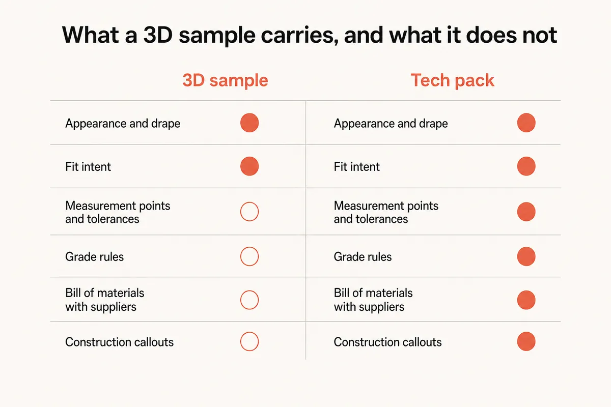 Coverage grid showing a 3D sample carries appearance and fit only while a tech pack carries all six