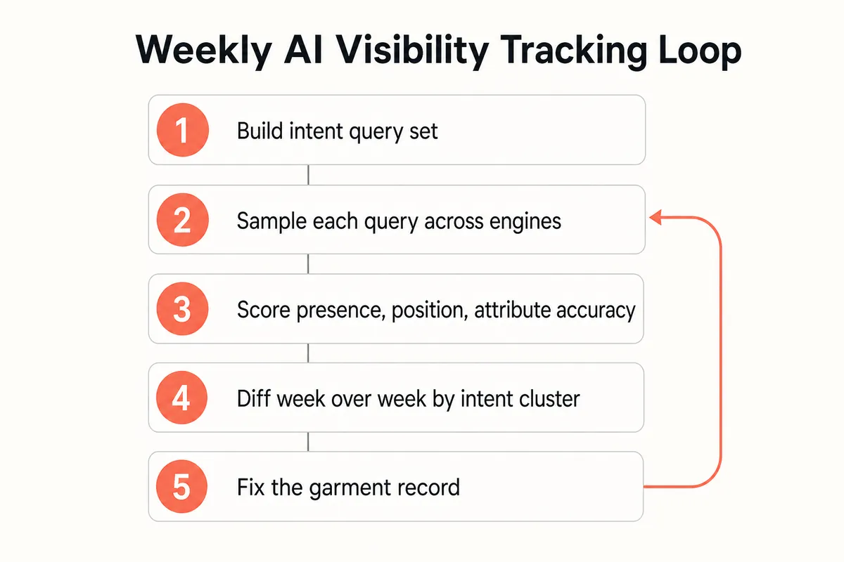 Five-step weekly loop for tracking AI visibility across an apparel catalog