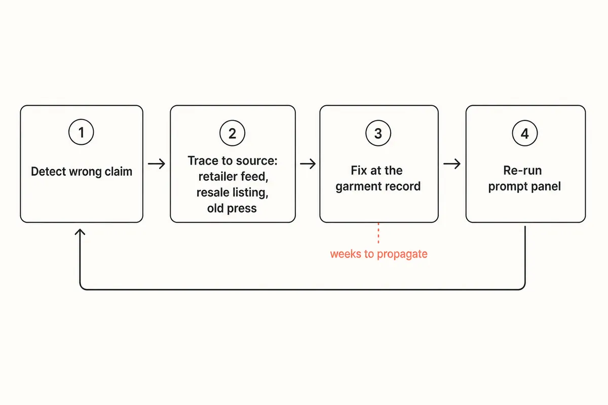 Correction loop for wrong AI claims about a garment, from detection to record fix