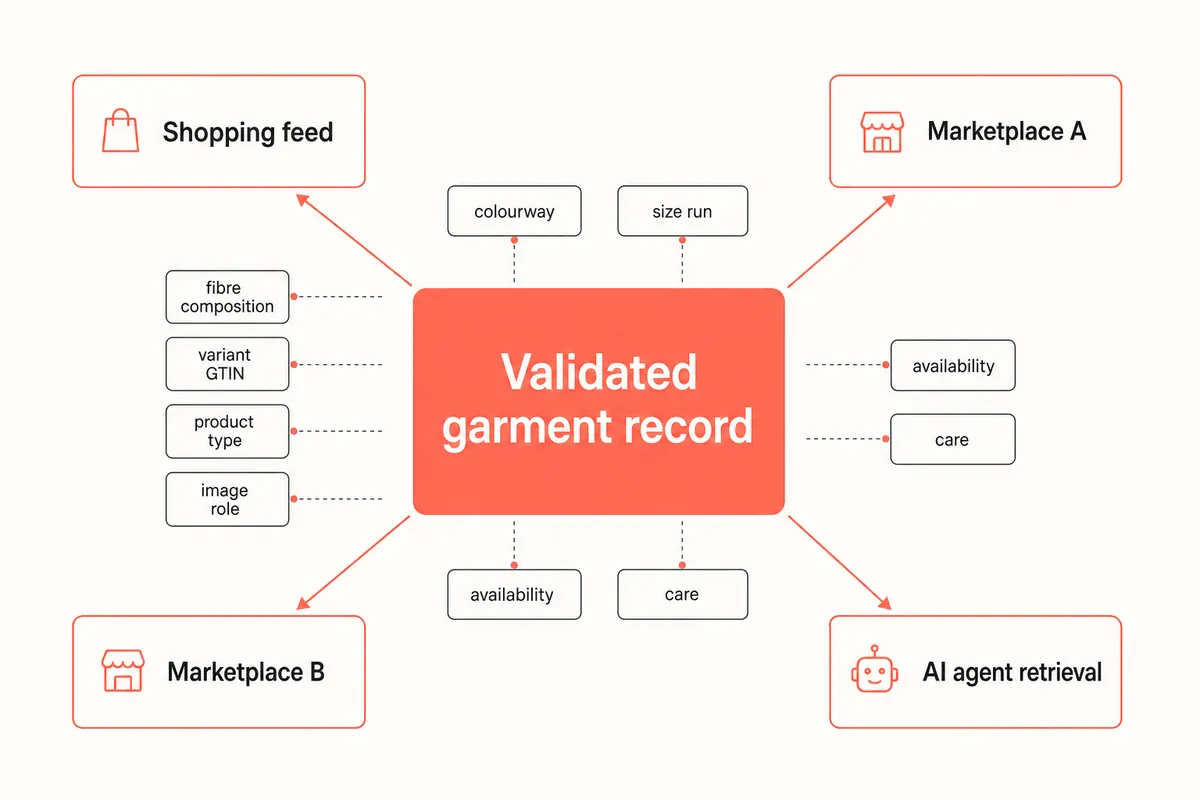 One validated garment record generating shopping, marketplace and AI agent feeds