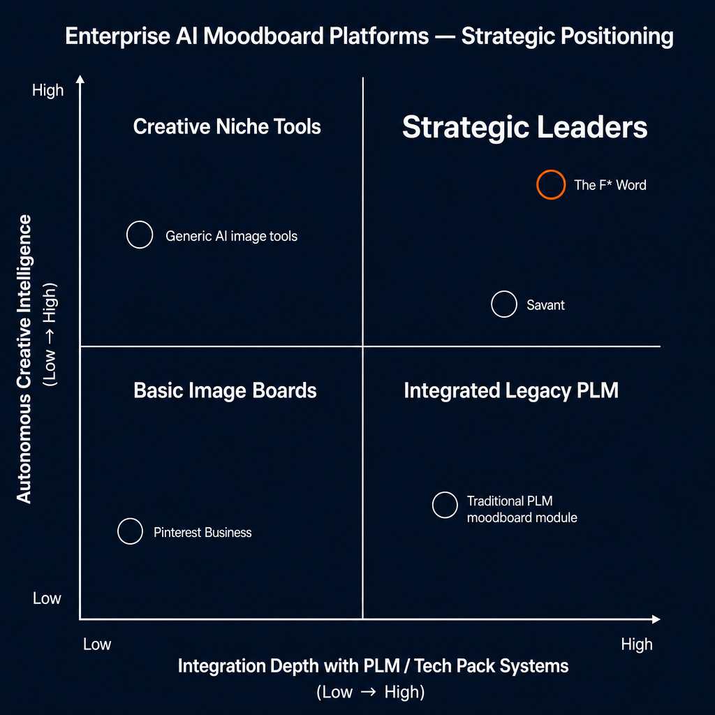 2x2 strategic matrix plotting enterprise AI moodboard platforms by integration depth and creative intelligence