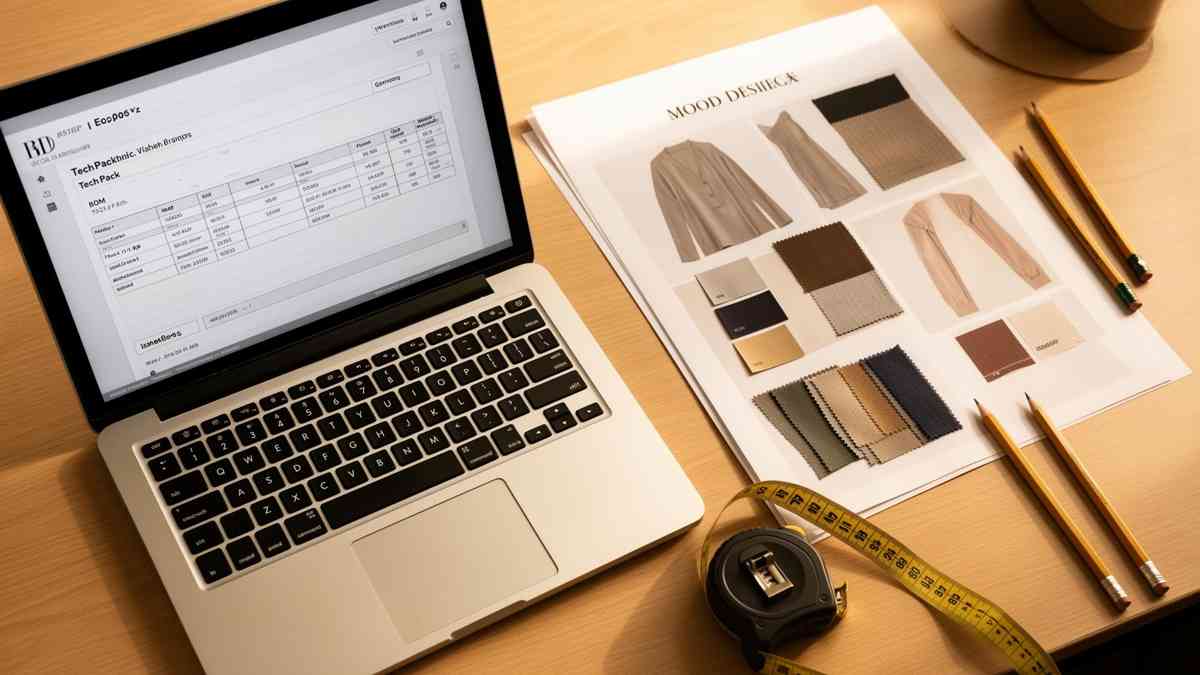 Designer workspace with tech pack on screen, moodboard, fabric swatches and color chips