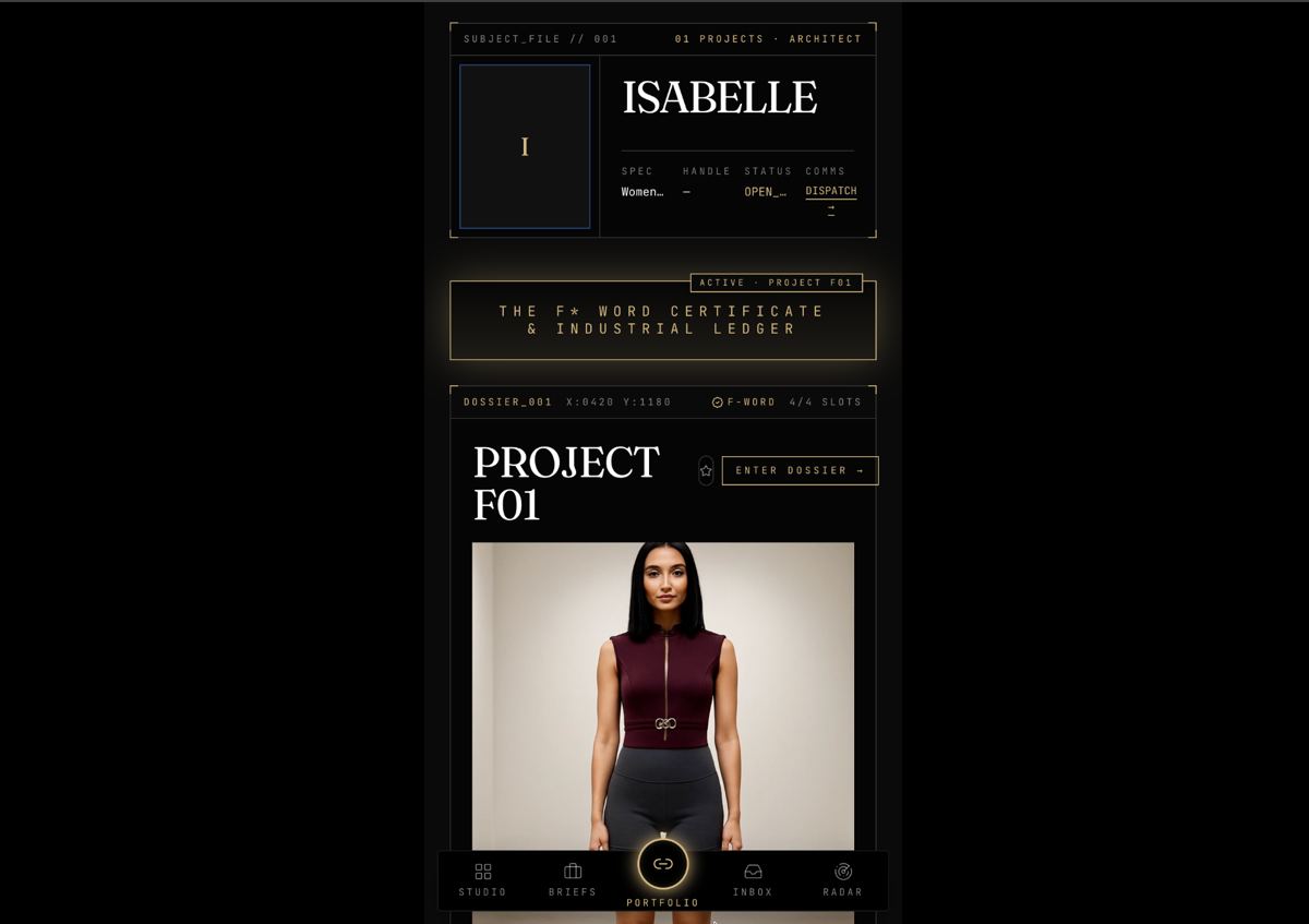 Public AI fashion portfolio with subject file, active project dossier, and certificate badge