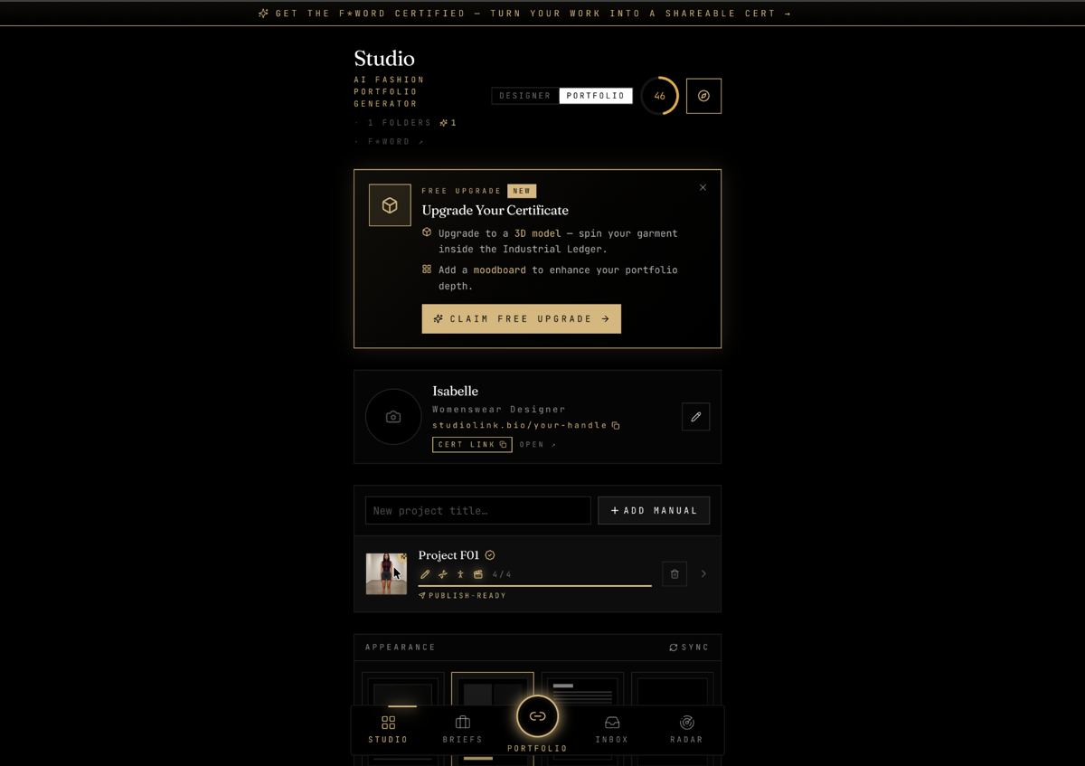AI Fashion Studio interface showing portfolio score, project folder, and certificate upgrade panel