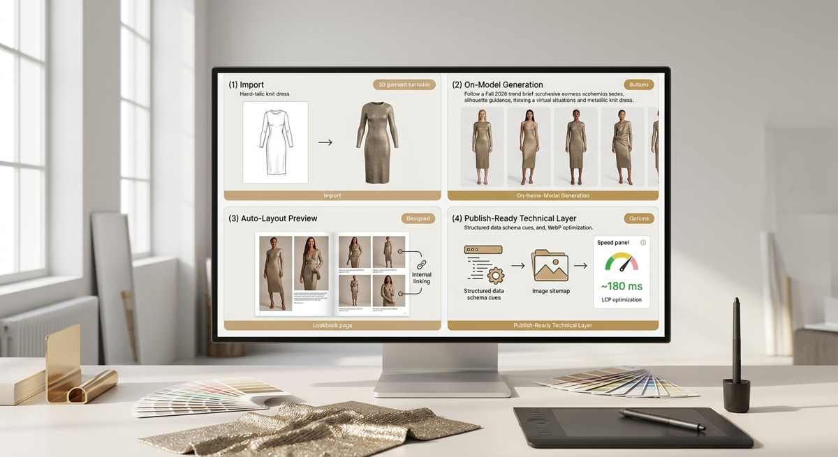 Photorealistic studio desk with a monitor showing the fashion lookbook workflow from sketch and 3D garment to on‑model images and a publish‑ready page with schema and speed metrics, styled in gold and cream brand tones.