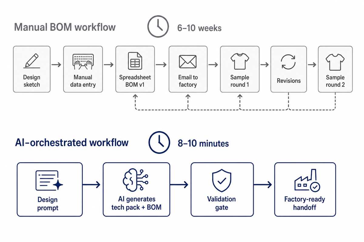 Chart: Flow diagram comparing a traditional manual BOM process with an AI-enhanced workflow, showing the latter is faster and has fewer error-correction loops.
