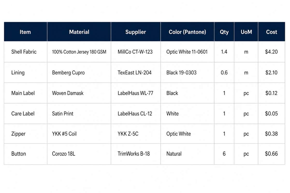 An example of a garment bill of materials showing columns for item category, material, supplier, color, and quantity.