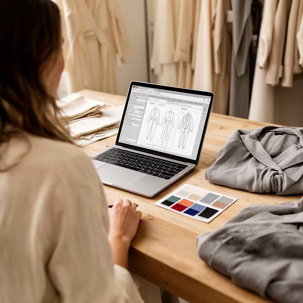 Small fashion brand founder-designer at studio table with laptop showing a tech pack, fabric swatches and a sample garment alongside