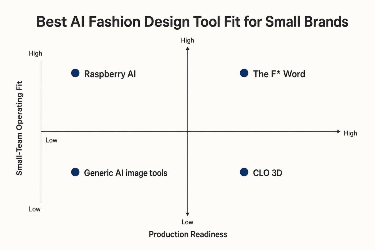 2x2 quadrant chart comparing AI fashion design tools by production readiness and small-team operating fit