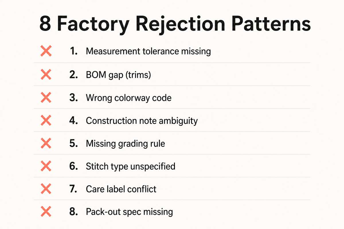 Eight repeating tech pack factory rejection patterns checklist