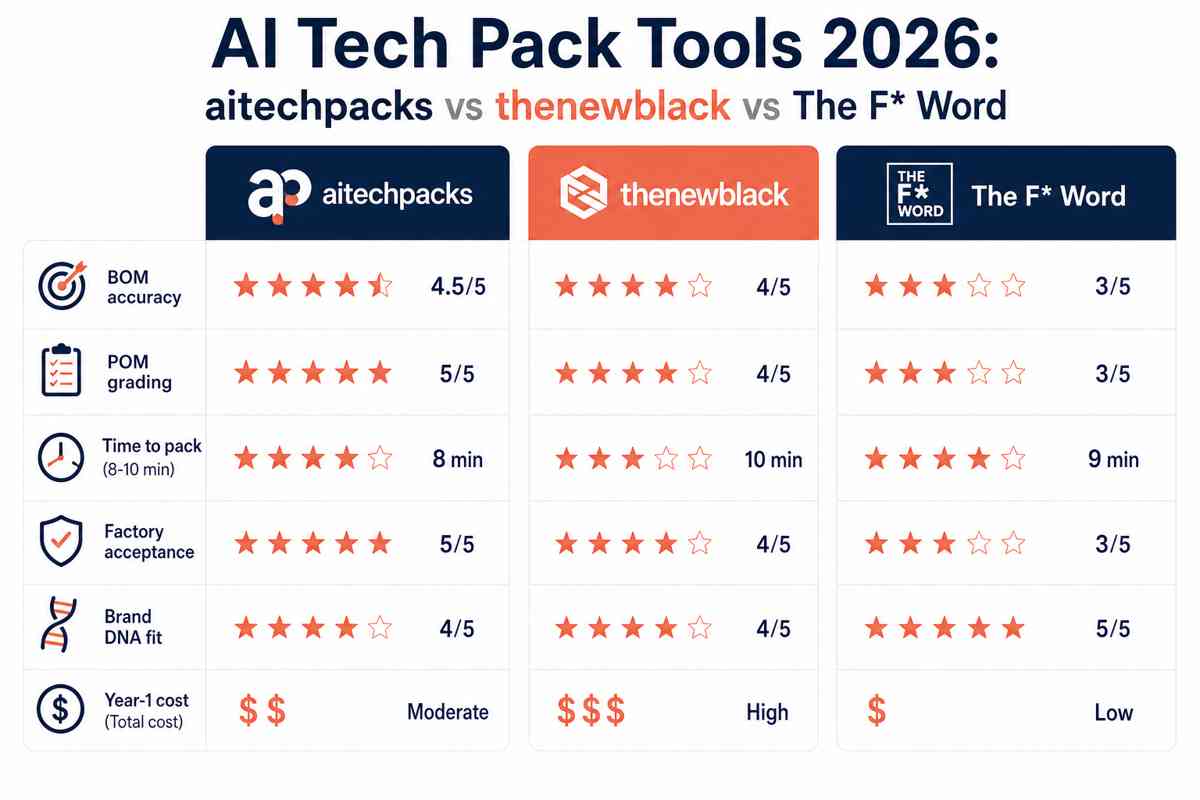 Head-to-head scorecard comparing aitechpacks, thenewblack, and The F Word across BOM, POM, time, and cost