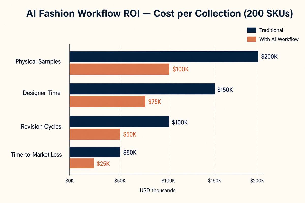 Bar chart comparing cost per 200-SKU collection across physical samples, designer time, revision cycles, and time-to-market under traditional vs AI workflow