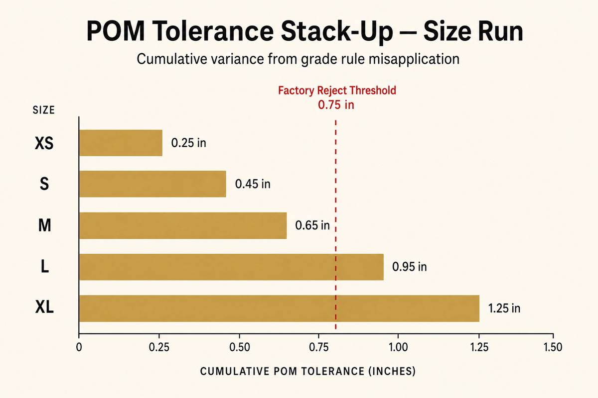 Horizontal bar chart of cumulative POM tolerance stack-up from XS to XL, with a red factory reject threshold line at 0.75 inch crossing the L and XL bars