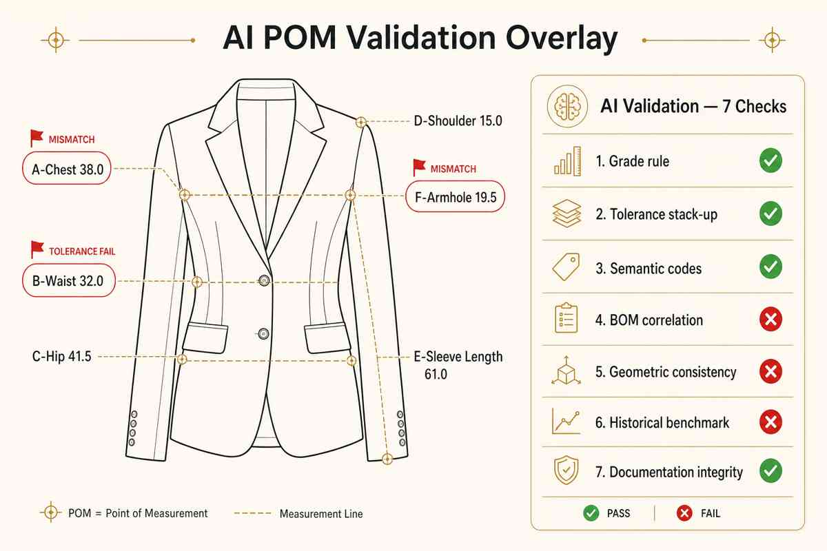 Annotated technical sketch of a tailored blazer with AI-flagged POM callouts (chest, waist, armhole) and a side panel scoring all 7 validation checks as pass or fail