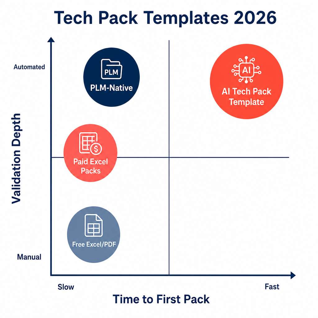 2x2 matrix of tech pack templates plotted by time to first pack and validation depth