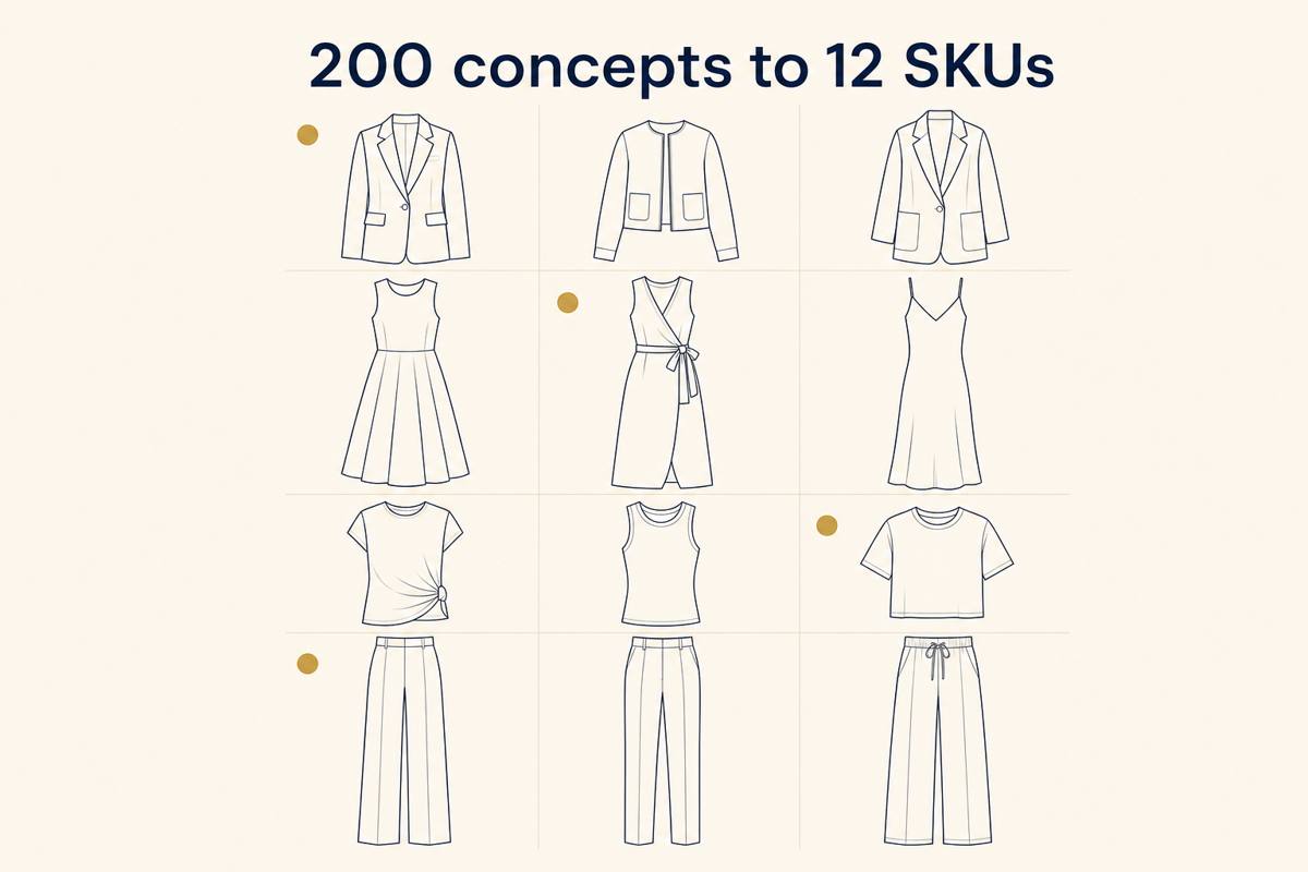 Editorial grid showing 12 apparel SKUs rationalized from 200 concepts, one selected SKU per category column across jackets, dresses, tops, and trousers