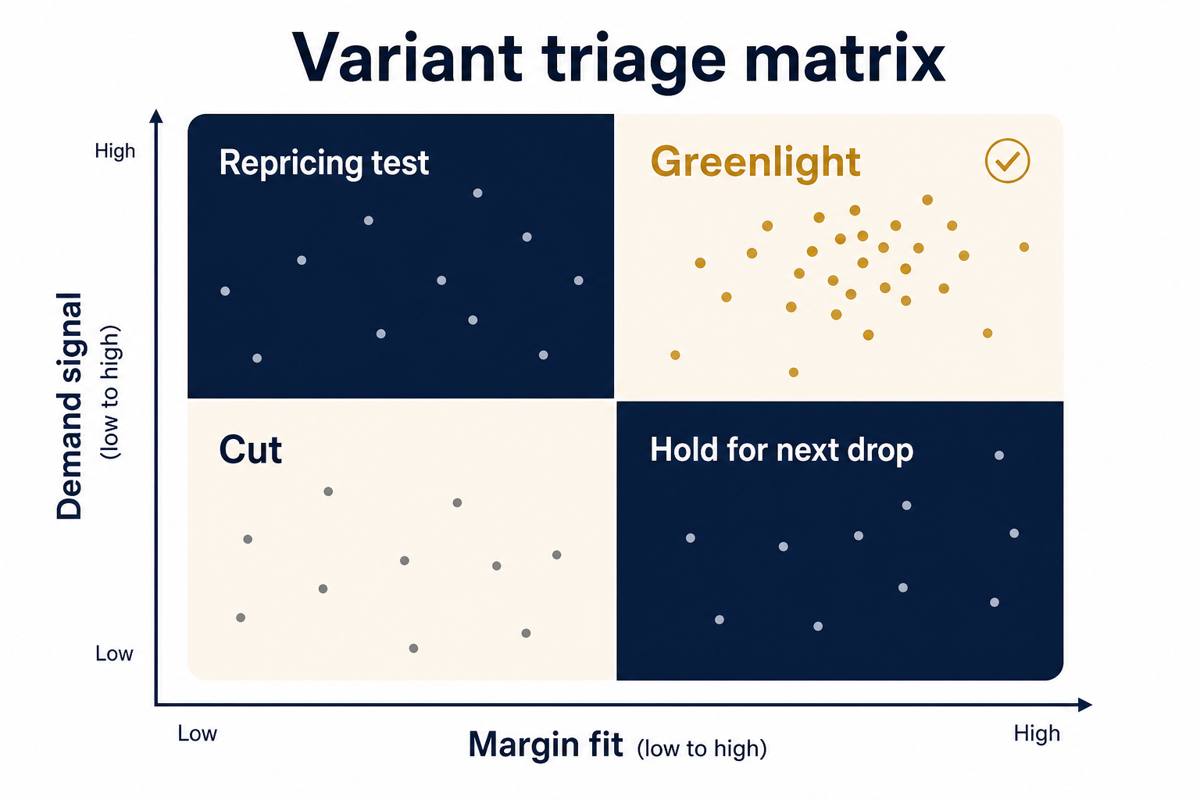 SKU rationalization 2x2 matrix for fashion merchandisers with margin fit on the x-axis and demand signal on the y-axis, four quadrants labeled Greenlight, Repricing test, Hold for next drop, and Cut