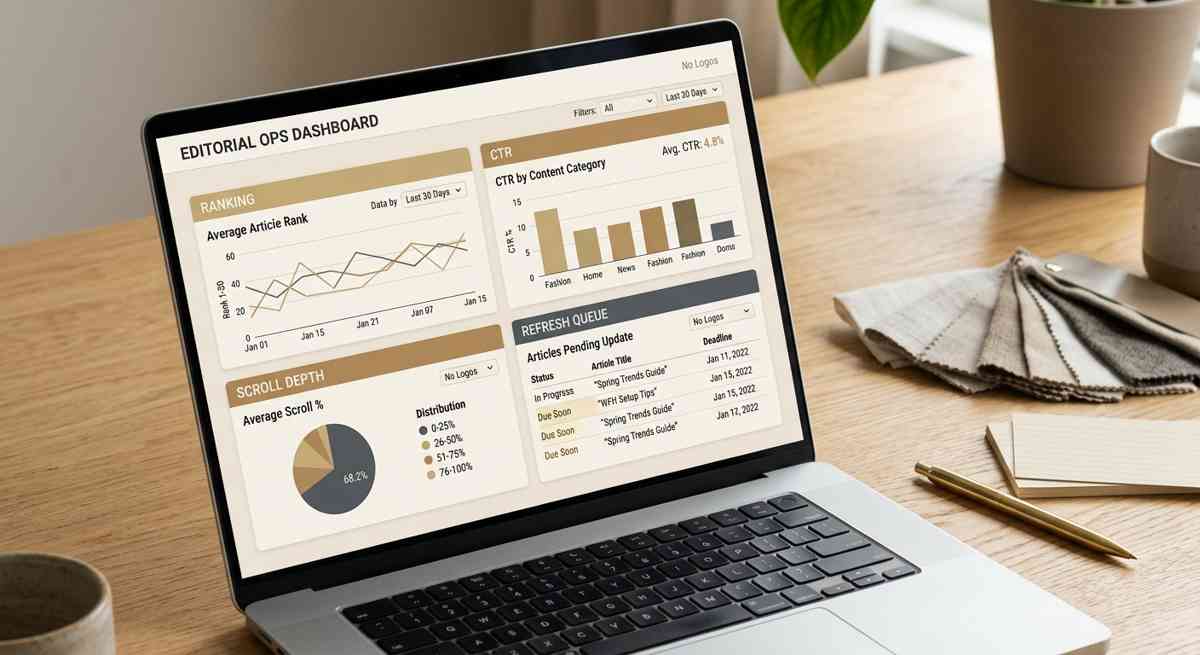 Photorealistic laptop on a minimalist desk showing a clean analytics dashboard with ranking, CTR, scroll depth, and a refresh queue in a gold-and-ecru color theme.