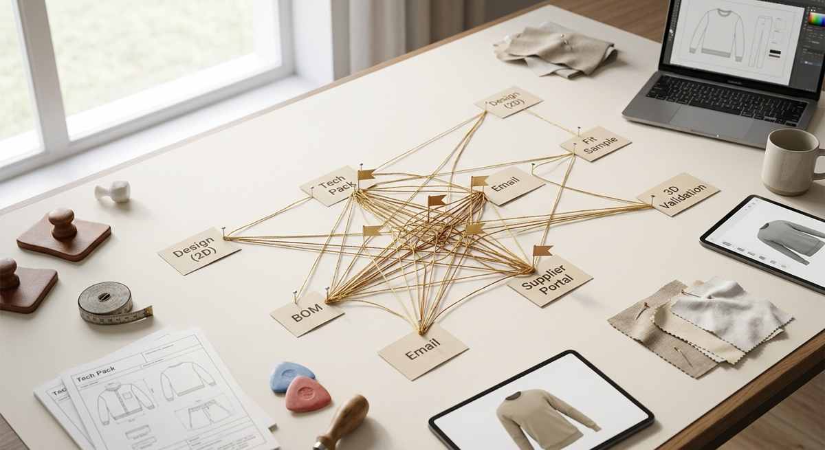 Photorealistic cutting table with a physical workflow map made of gold and bronze threads, pins marking error hot spots from design to factory, surrounded by tech pack pages and tools.