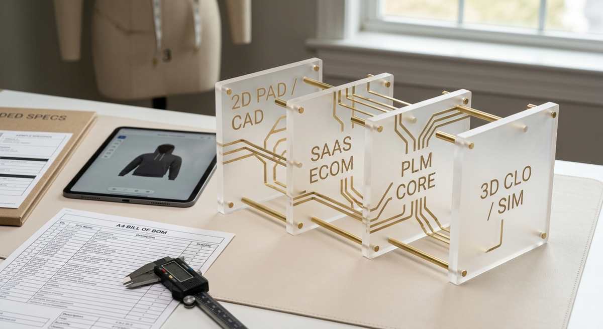 Photorealistic modular desk model with stacked acrylic tiles labeled 2D, SaaS, PLM, and 3D, linked by brass connectors to show integration paths.