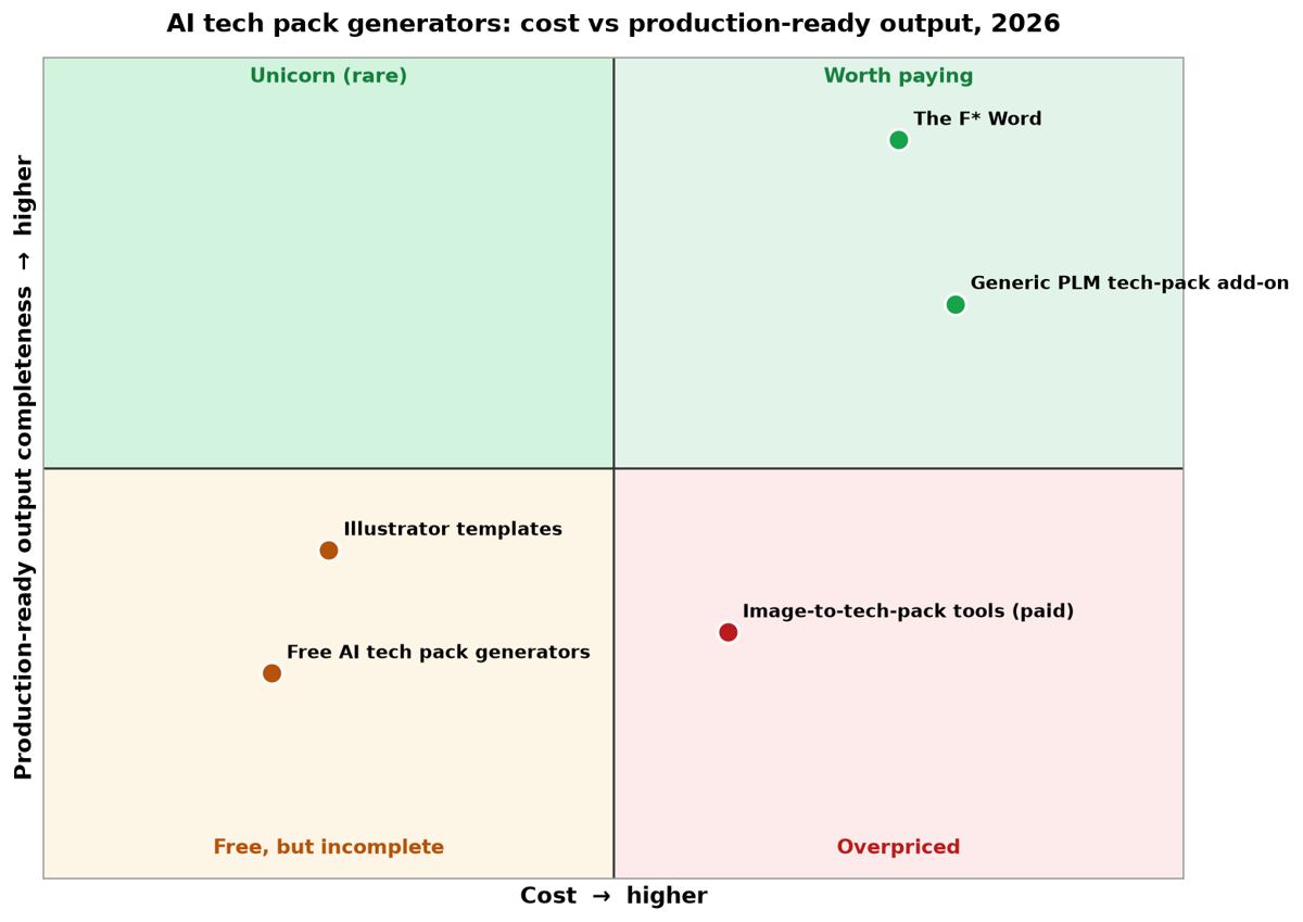 Side-by-side: AI tech pack generators mapped on cost vs production-ready output