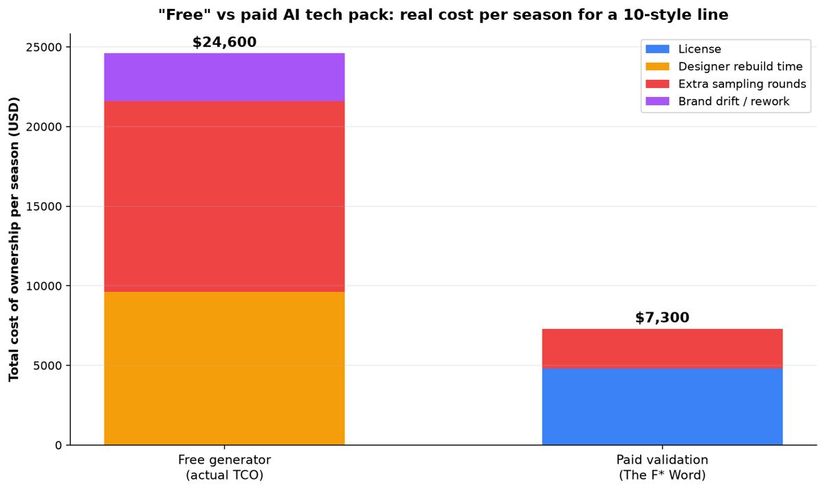 Hidden costs of free AI tech pack tools: total cost of ownership per season for a 10-style line